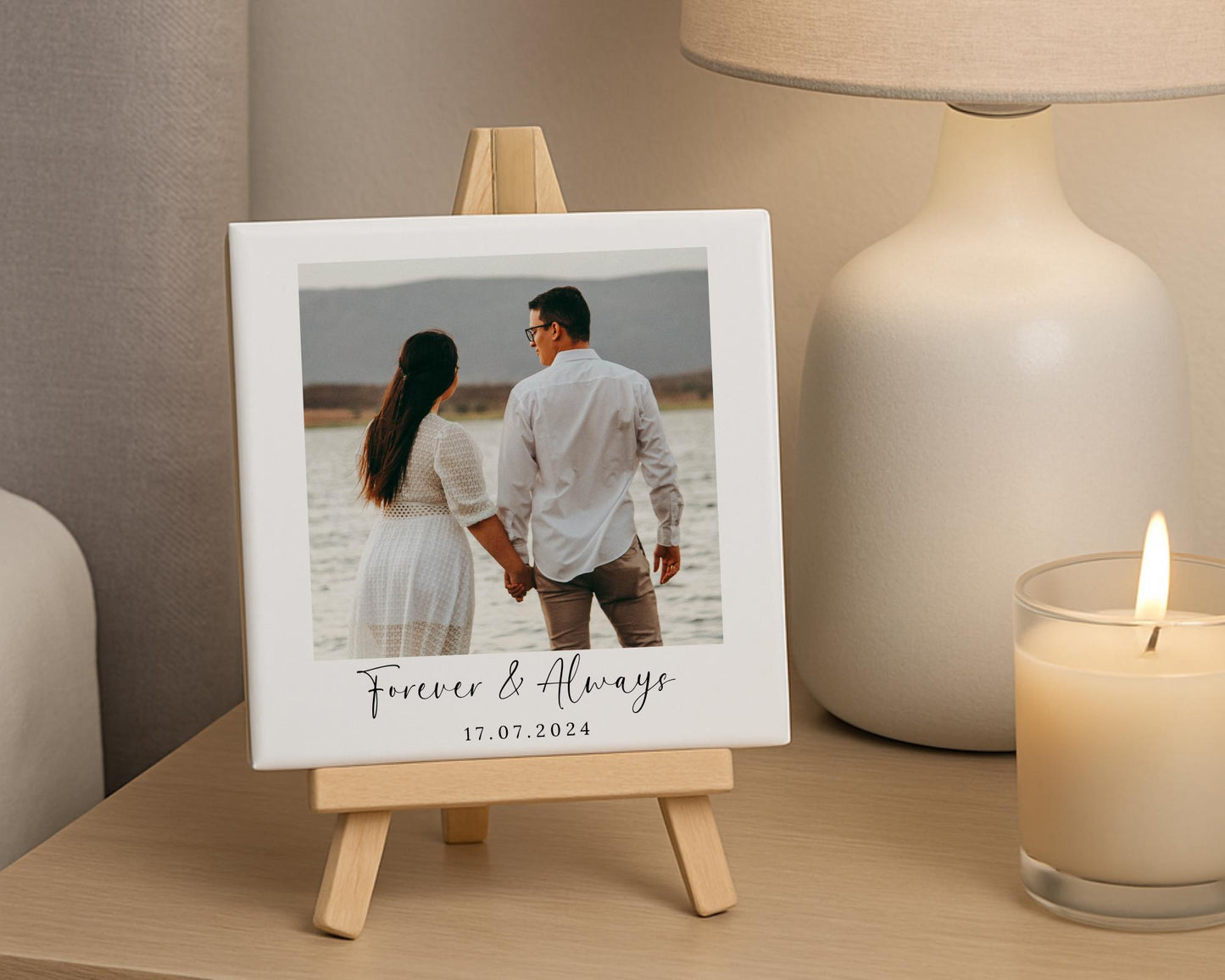 Personalised Couple Ceramic Photo Tile With Text Anniversary Gift
