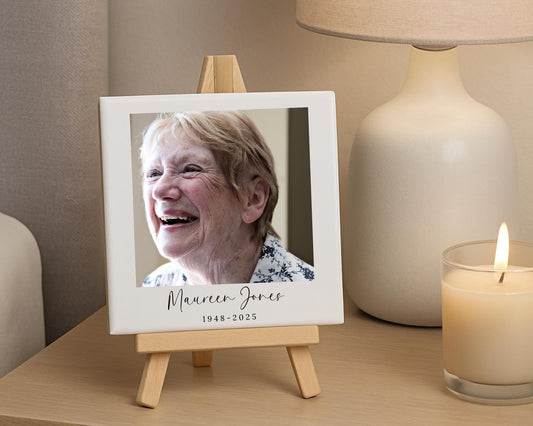 Personalised Memorial Ceramic Photo Tile With Text Polaroid Style Gift