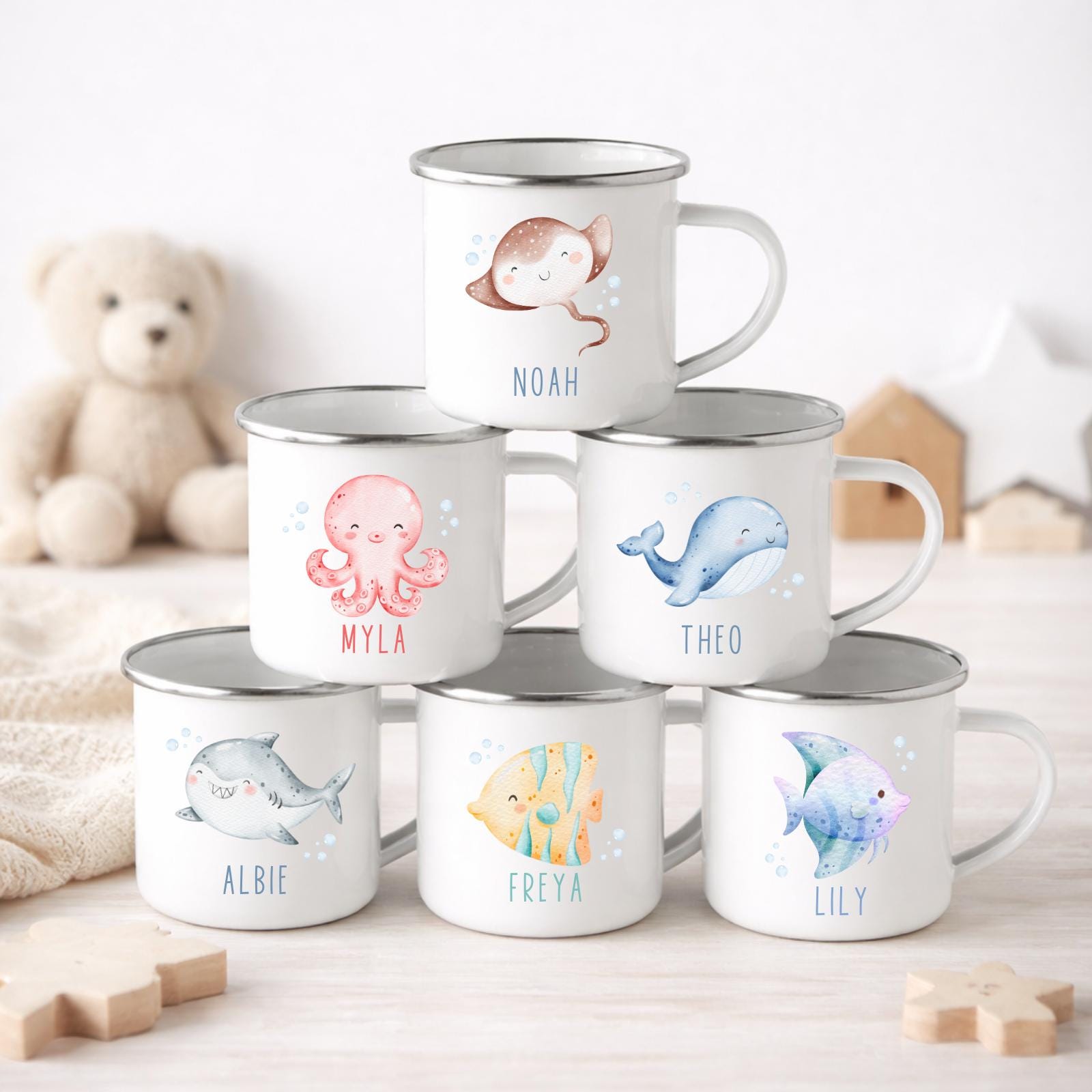 Personalised Children's Mug Sea Creature Enamel Kids Cup Gift