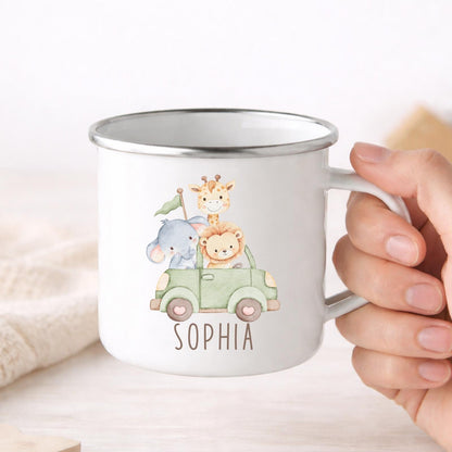 Personalised Children's Mug Safari Animals Enamel Kids Cup Gift