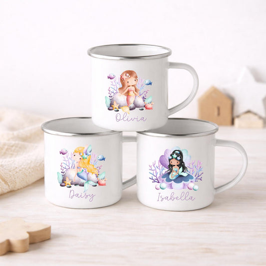 Personalised Children's Mug Mermaids Enamel Girls Cup Gift