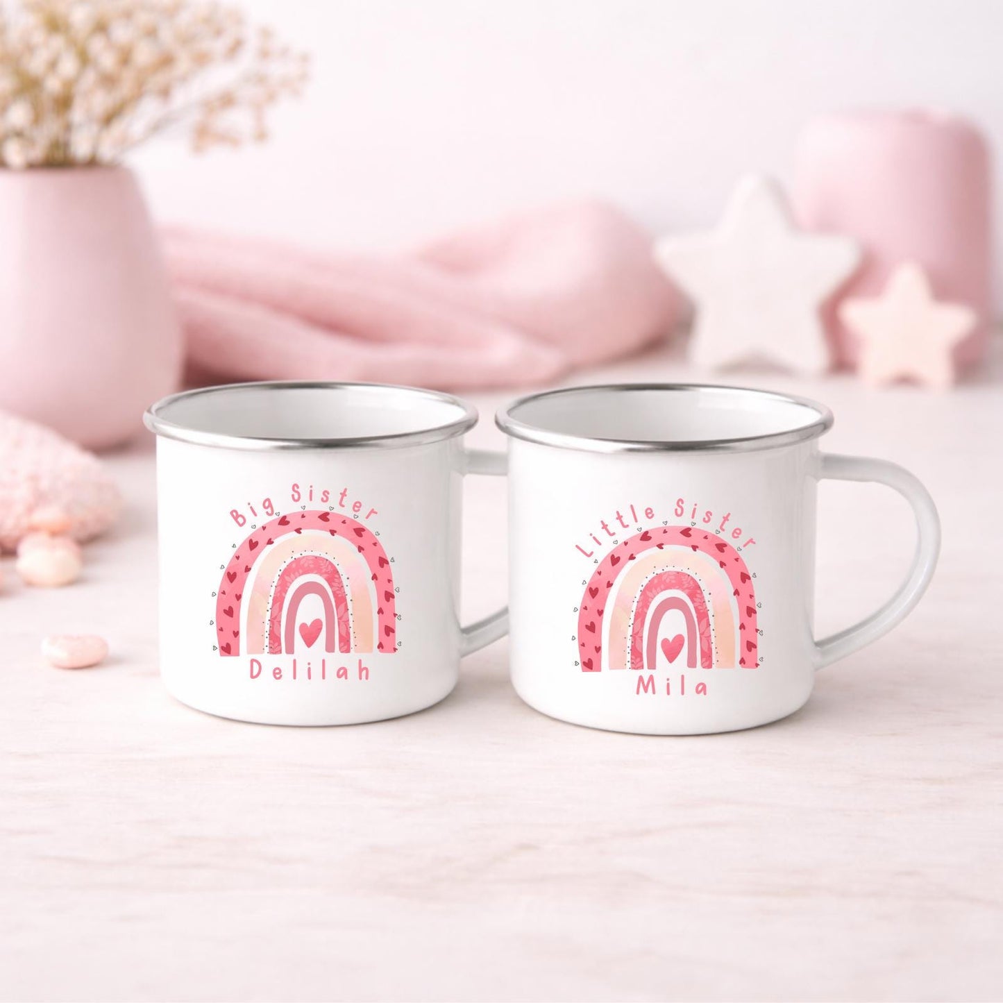 Personalised Children's Mug Big Little Sister Enamel Valentine's Cup Gift