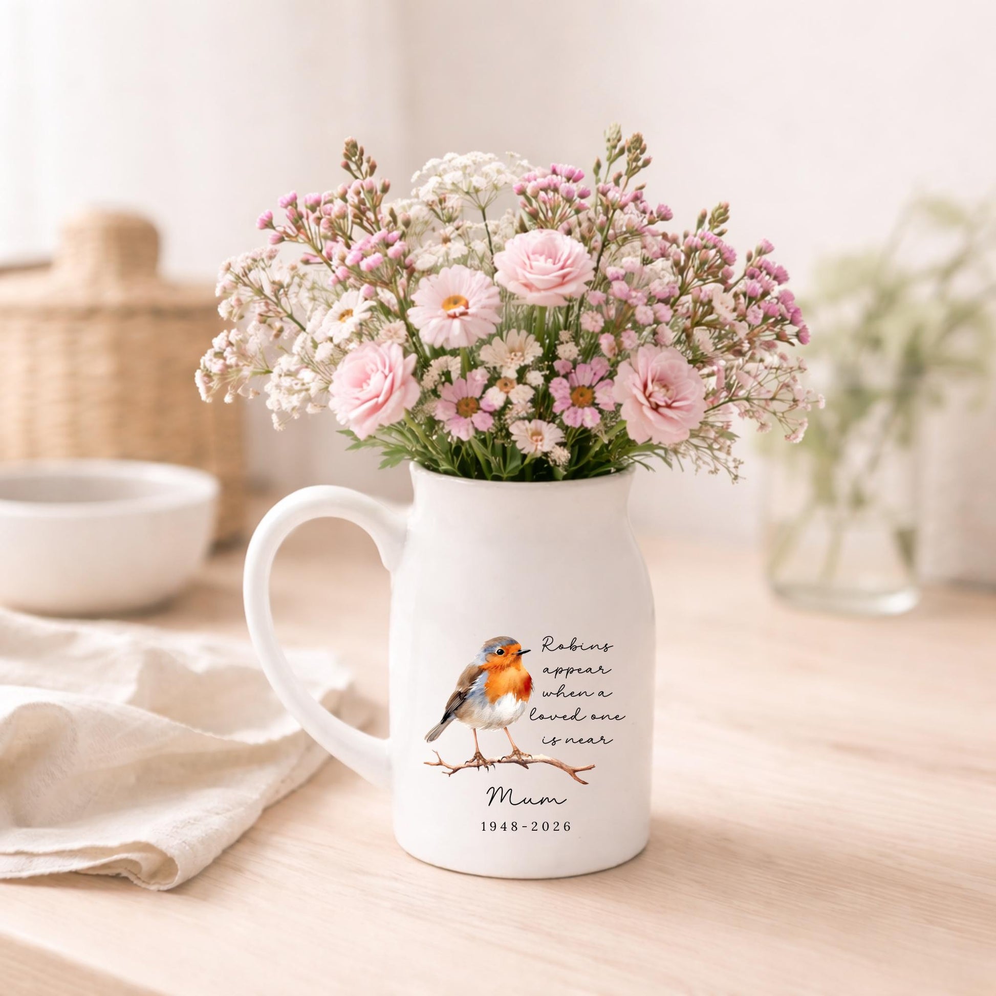 Robin Memorial Vase Personalised Ceramic Remembrance Keepsake Gift