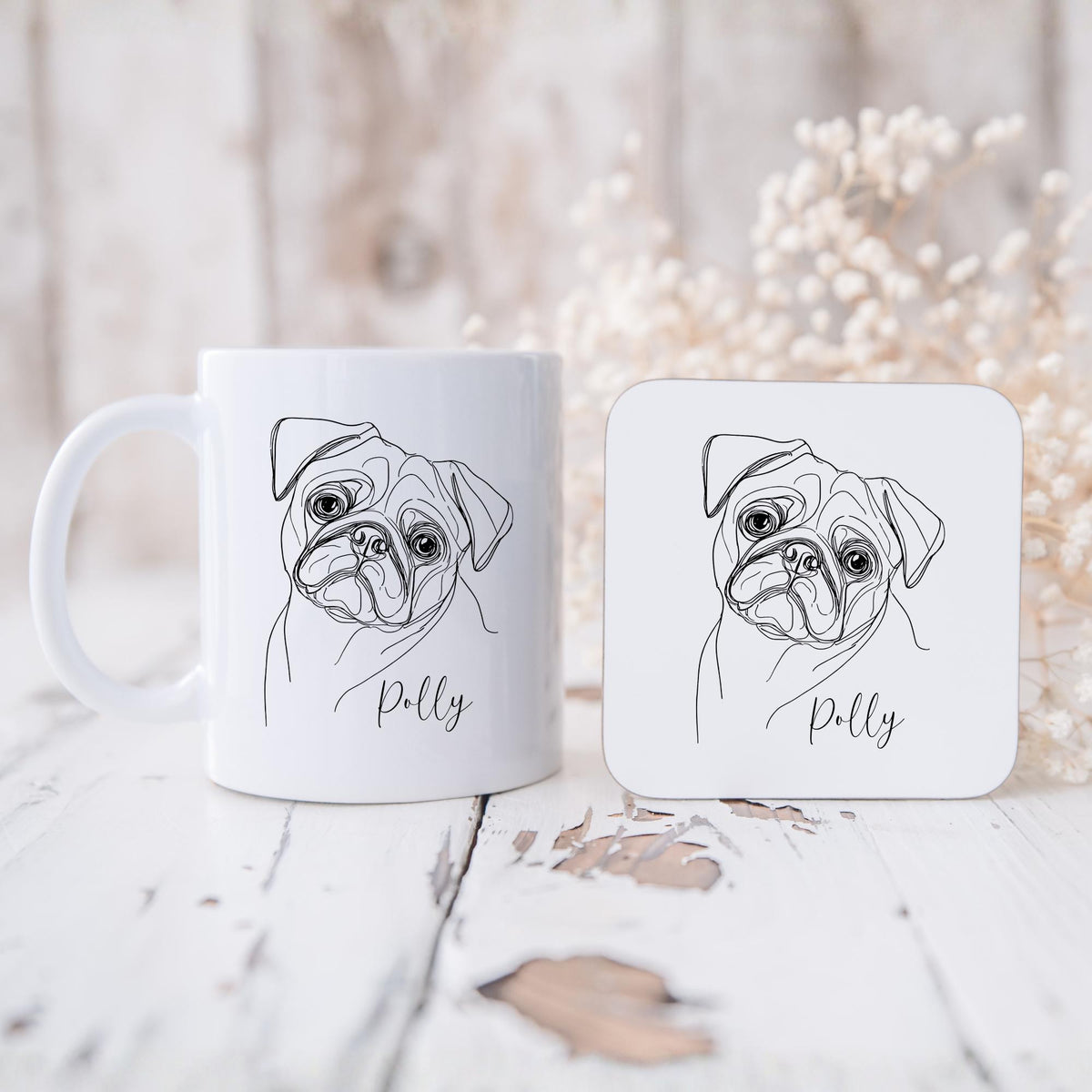 Pug Personalised Mug Line Art Dog Gift