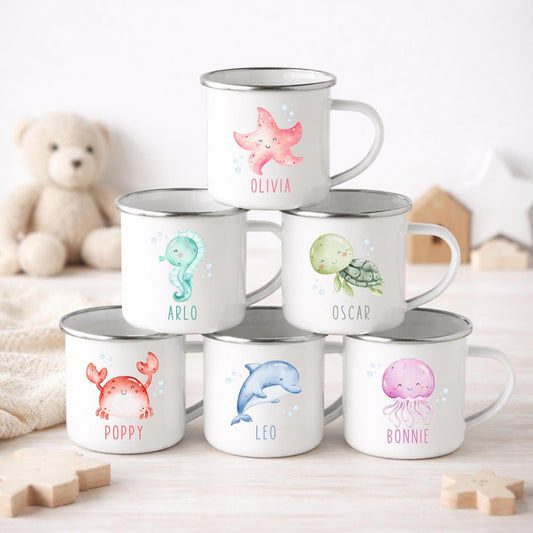 Personalised Children's Mug Sea Creature Enamel Kids Cup Gift