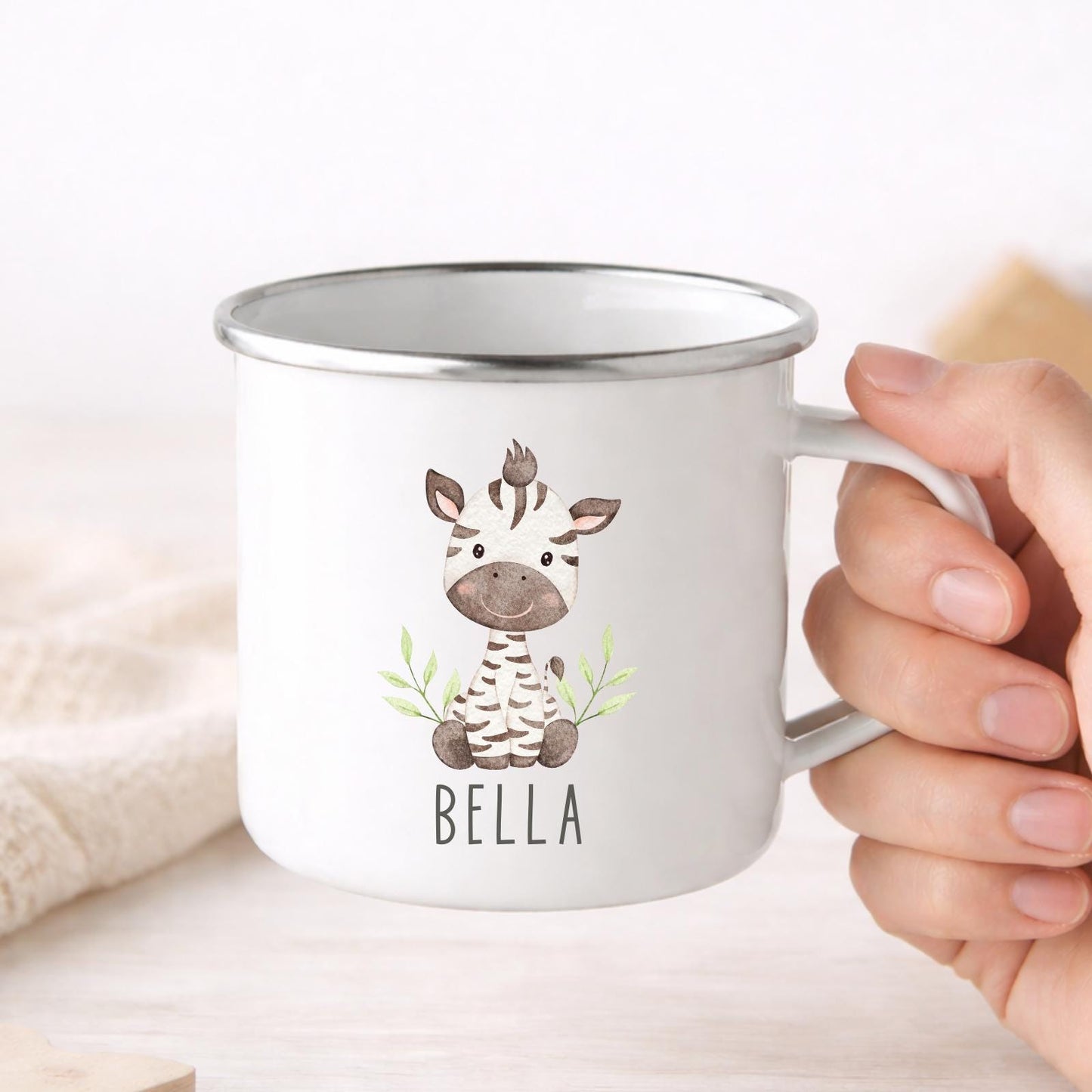 Personalised Children's Mug Safari Animals Enamel Kids Cup Gift