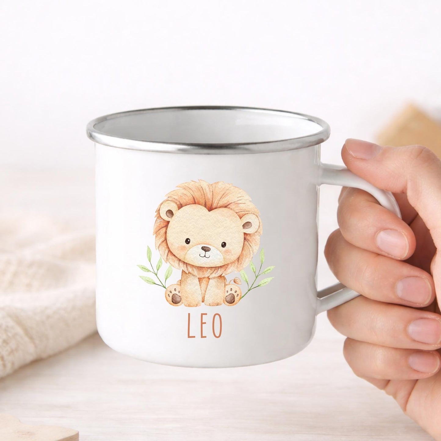 Personalised Children's Mug Safari Animals Enamel Kids Cup Gift