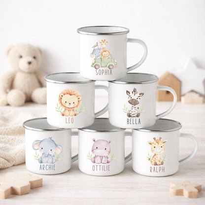 Personalised Children's Mug Safari Animals Enamel Kids Cup Gift