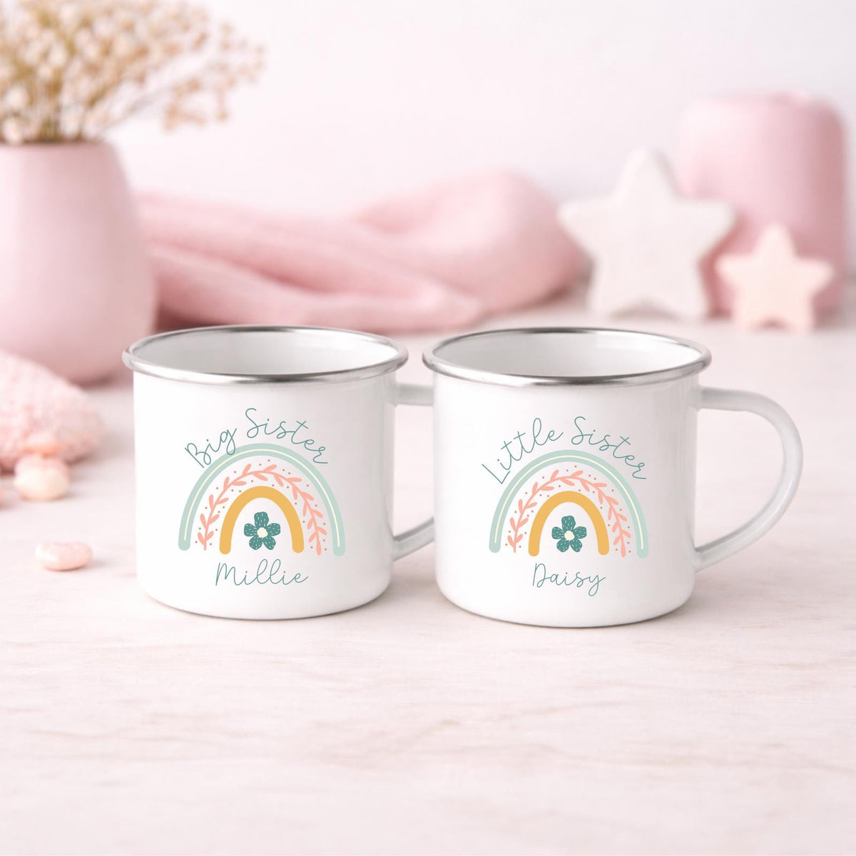 Personalised Children's Mug Big Little Sister Enamel Kids Cup Gift