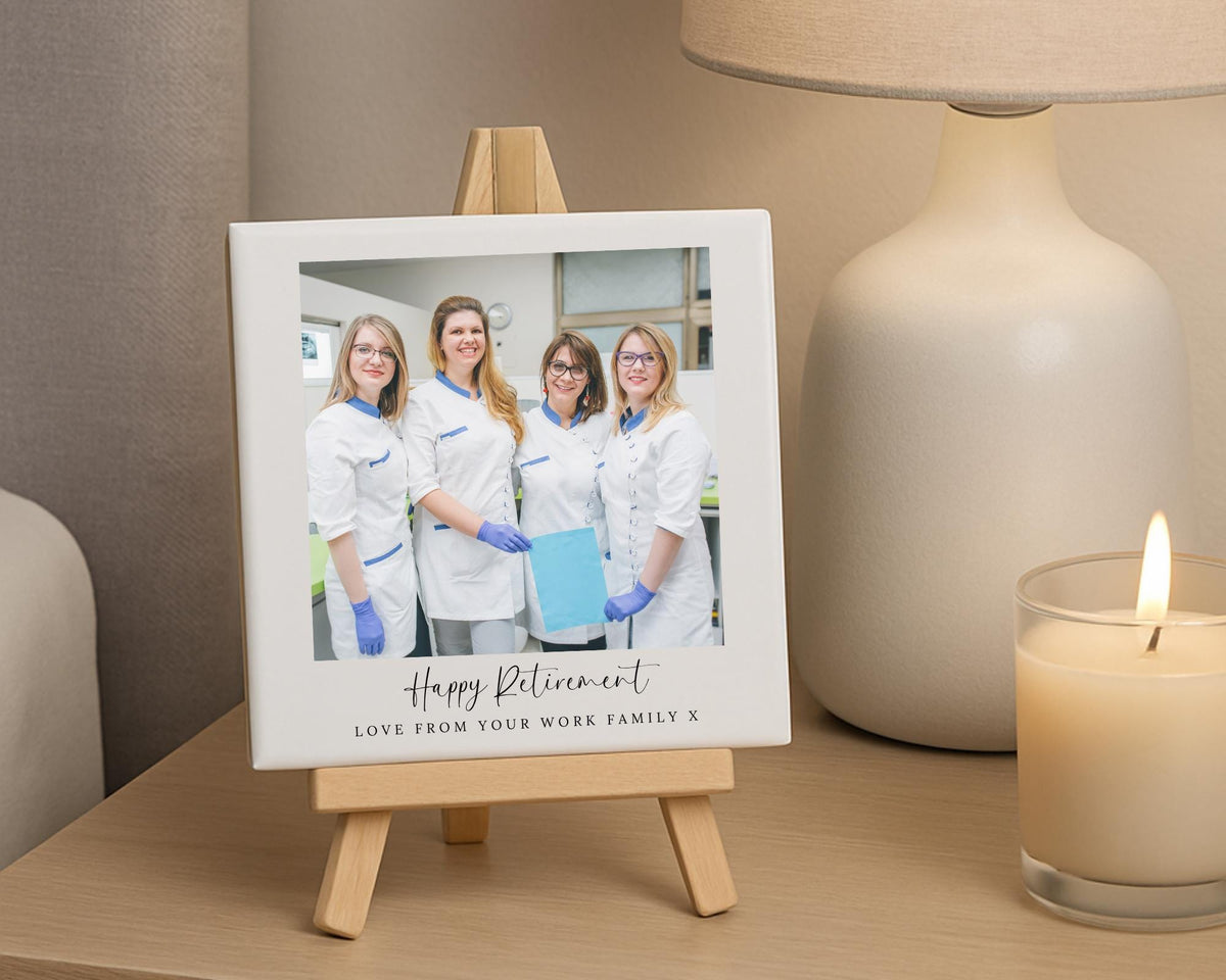 Personalised Retirement Ceramic Photo Tile With Text Retiring Leaving Gift