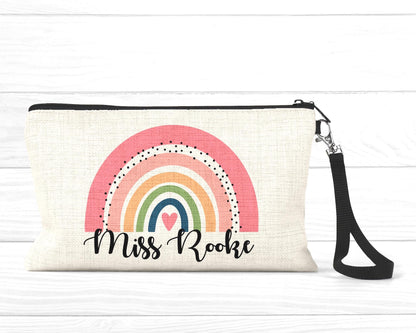 Personalised Teacher Pencil Case: Rainbow Design, Linen Zipper Pouch