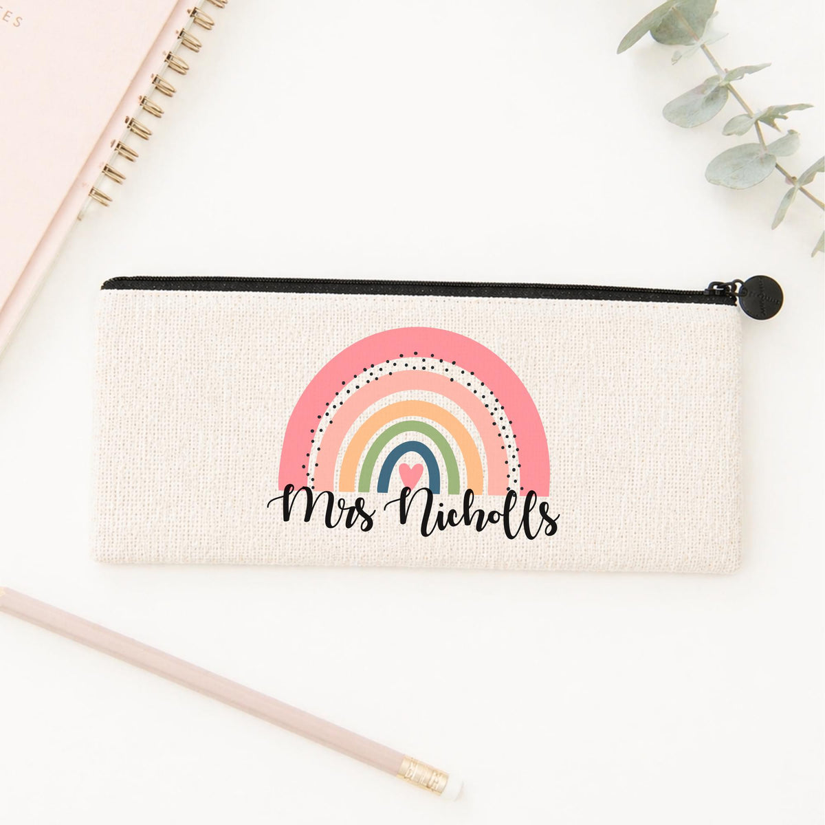 Personalised Teacher Pencil Case: Rainbow Design, Linen Zipper Pouch
