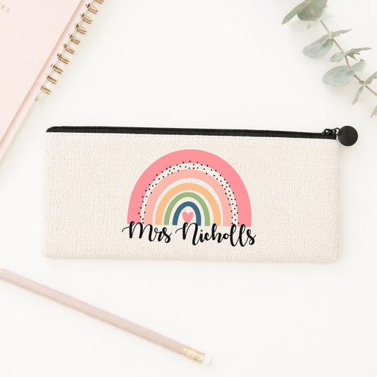 Personalised Teacher Pencil Case: Rainbow Design, Linen Zipper Pouch