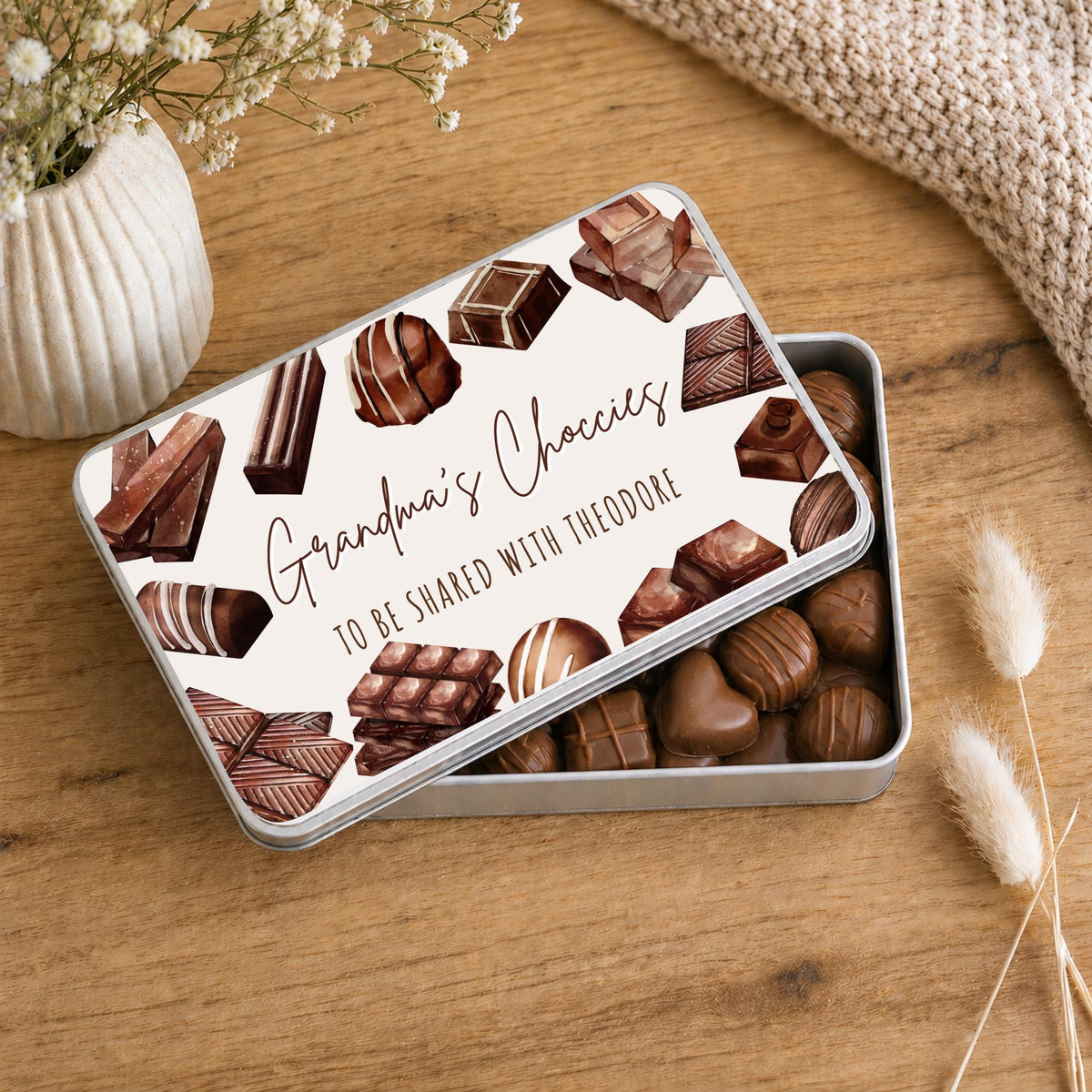 Personalised Chocolate Tin Birthday Gift For Chocoholic Grandparents, Nanny, Grandma Etc