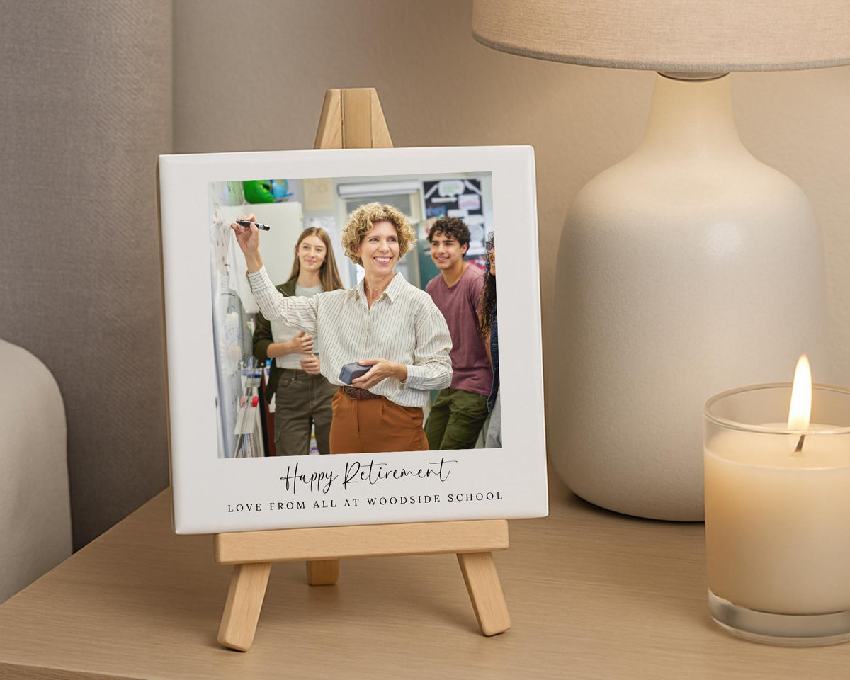 Personalised Retirement Ceramic Photo Tile With Text Retiring Leaving Gift