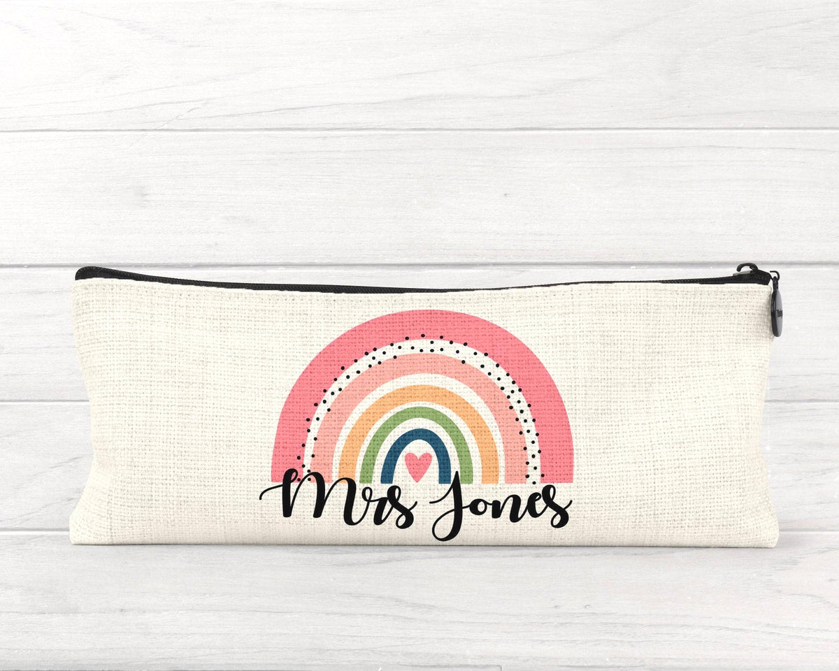 Personalised Teacher Pencil Case: Rainbow Design, Linen Zipper Pouch