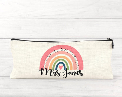 Personalised Teacher Pencil Case: Rainbow Design, Linen Zipper Pouch