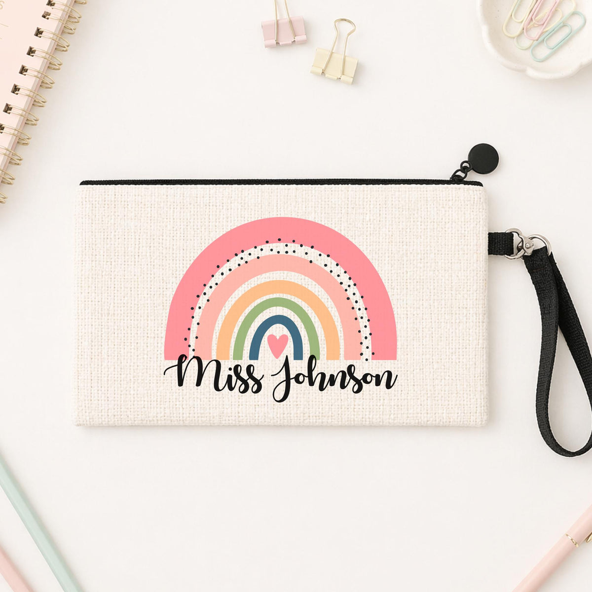 Personalised Teacher Pencil Case: Rainbow Design, Linen Zipper Pouch