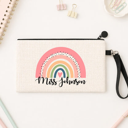 Personalised Teacher Pencil Case: Rainbow Design, Linen Zipper Pouch