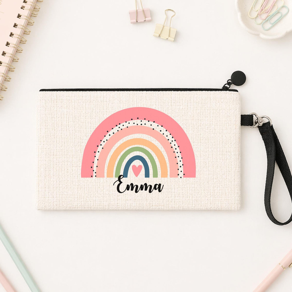 Personalised Teacher Pencil Case: Rainbow Design, Linen Zipper Pouch
