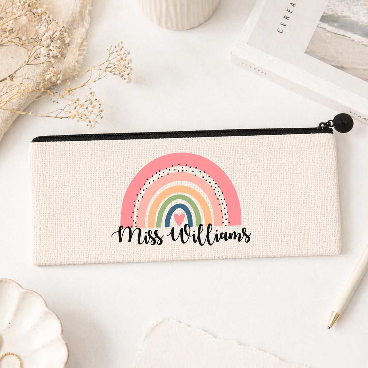 Personalised Teacher Pencil Case: Rainbow Design, Linen Zipper Pouch