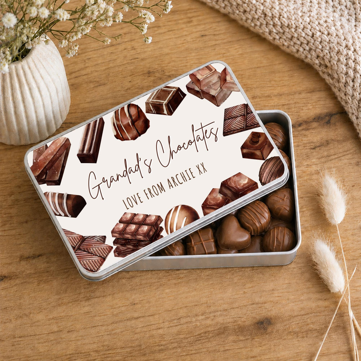Personalised Chocolate Tin Birthday Gift For Chocoholic Grandparents, Nanny, Grandma Etc