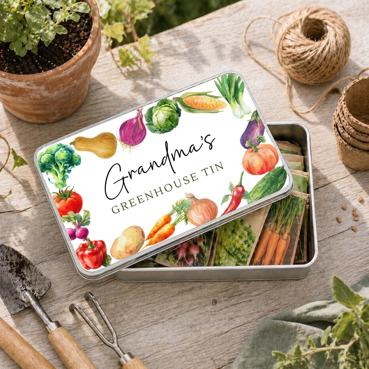 Personalised Allotment Tin Gardening Greenhouse Vegetable Seeds Storage Gift