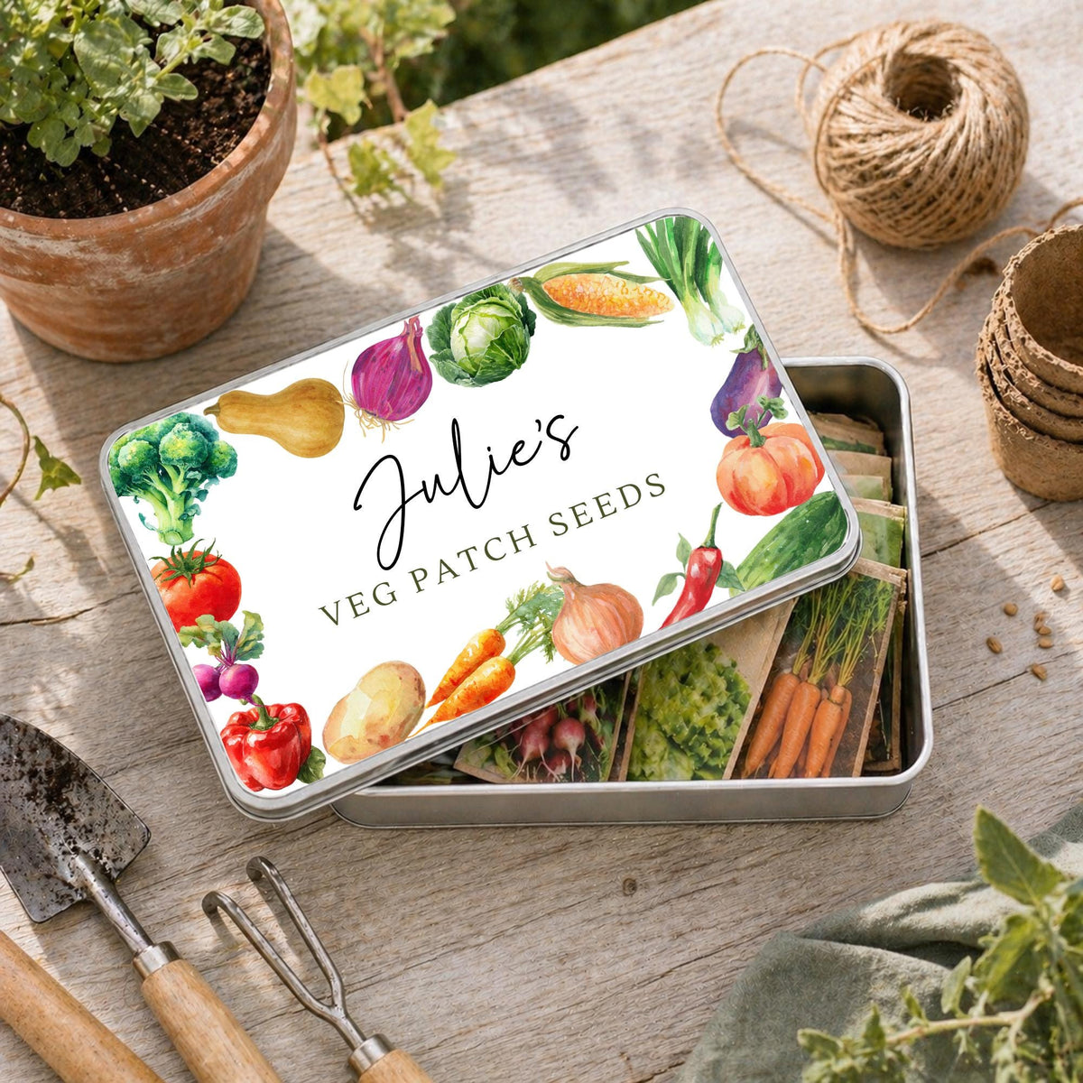 Personalised Allotment Tin Gardening Greenhouse Vegetable Seeds Storage Gift