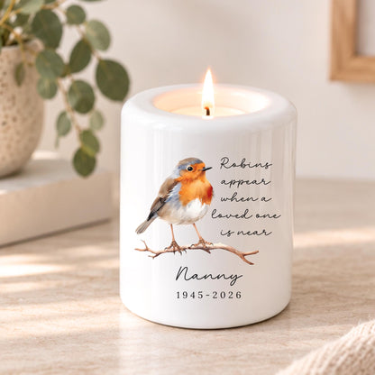 Personalised Robin Memorial Tealight Candle Holder Family Bereavement Memory Gift