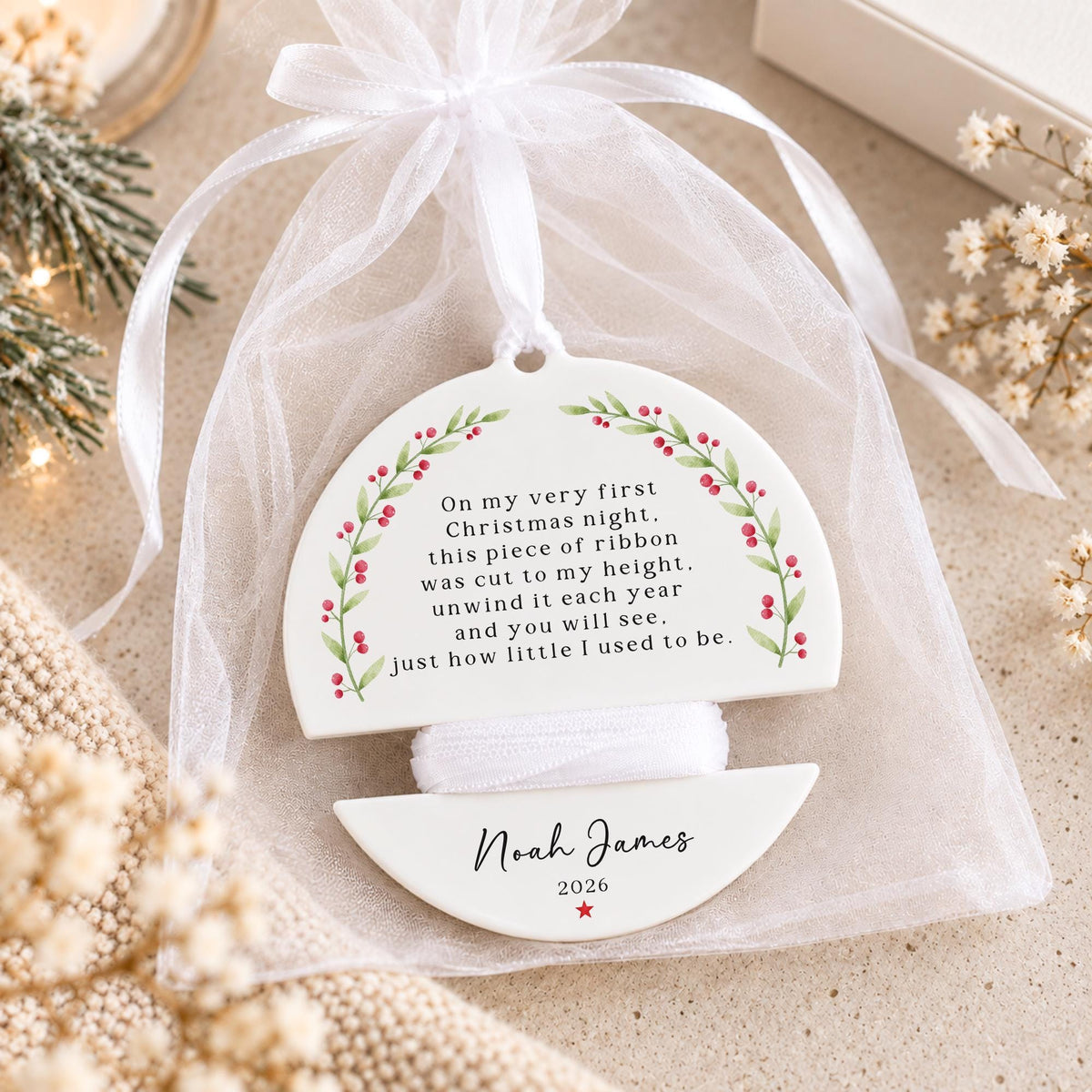 Baby's First Christmas Height Measuring Bauble Personalised Christmas Decoration Ribbon Baby Keepsake