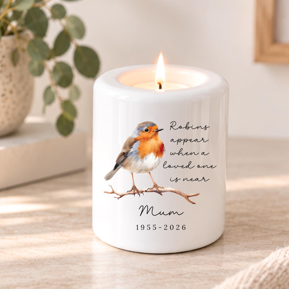 Personalised Robin Memorial Tealight Candle Holder Family Bereavement Memory Gift