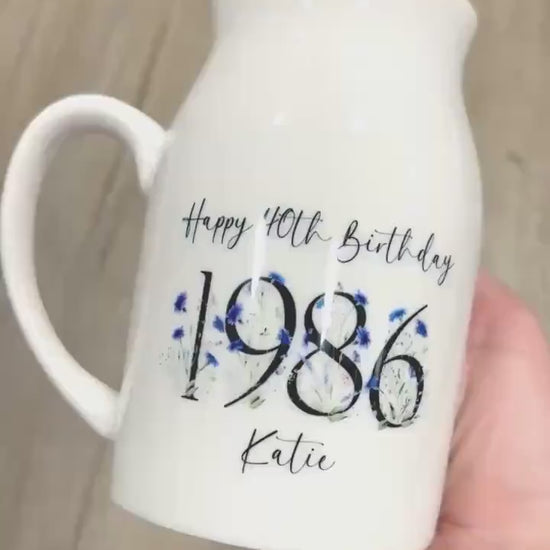 40th Birthday Vase Personalised 1986 Gift Forty Ceramic Flower Jug