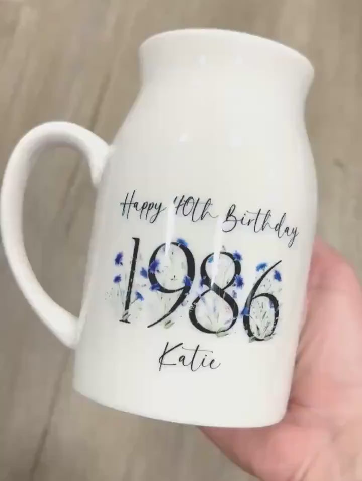 40th Birthday Vase Personalised 1986 Gift Forty Ceramic Flower Jug