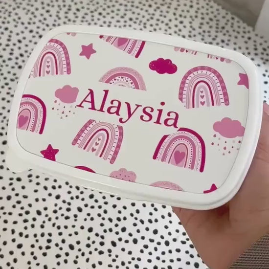 Personalised Lunch Snack Box Pink Rainbow Back To School Nursery Pot
