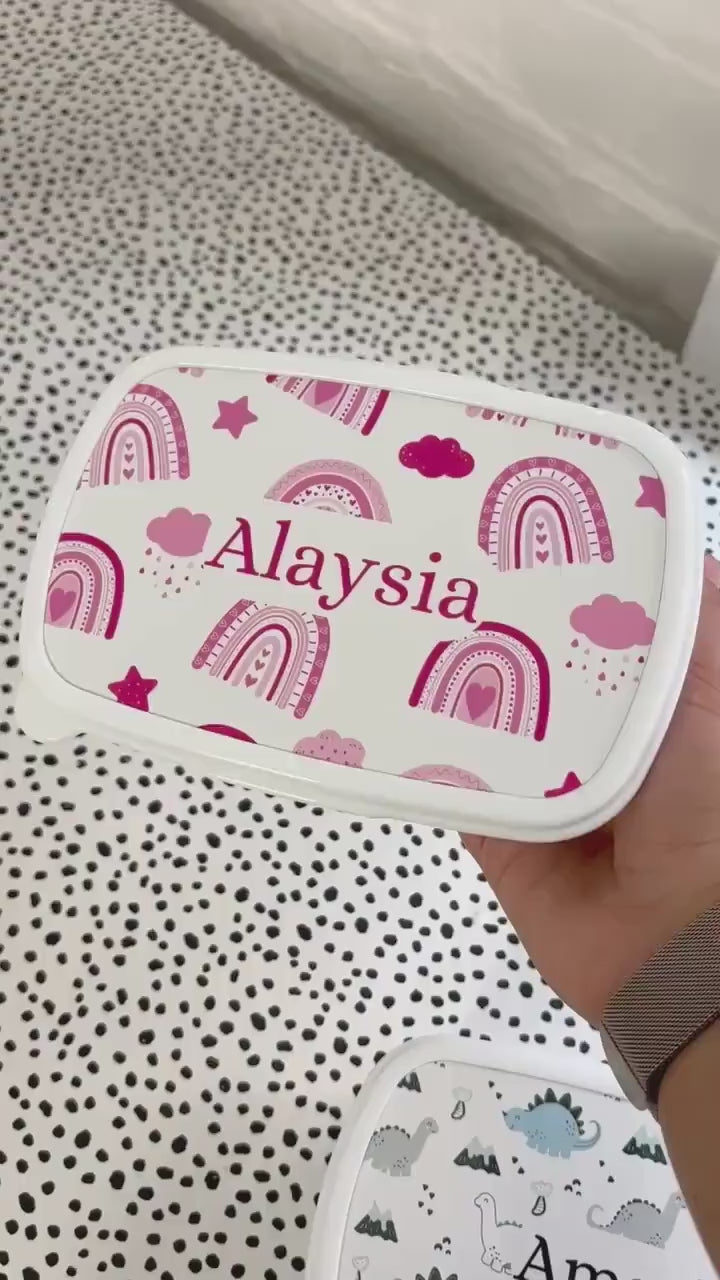 Personalised Lunch Snack Box Pink Rainbow Back To School Nursery Pot
